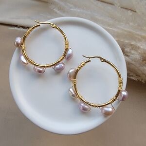 Gold Hoop Earrings with Pink Freshwater Pearls  Elegant Women's Jewelry gift Her